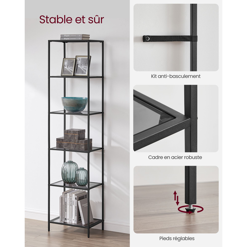Produktbild för Black And Slate Grey 6-tier Glass Shelf 40x30x177cm