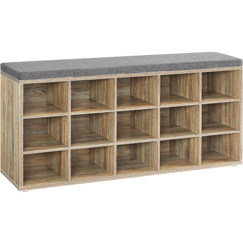 VASAGLE Vasagle Shoe Rack, Shoe Bench With Seat, Shoe Cabinet With Cushion, 15 Open Storage Compartments, 30 X , For Hallway Bedroom Living Room Entryway, Oak With Blue Grains And Grey Lhs015t60 Milky Coffee Color 105x30x48cm