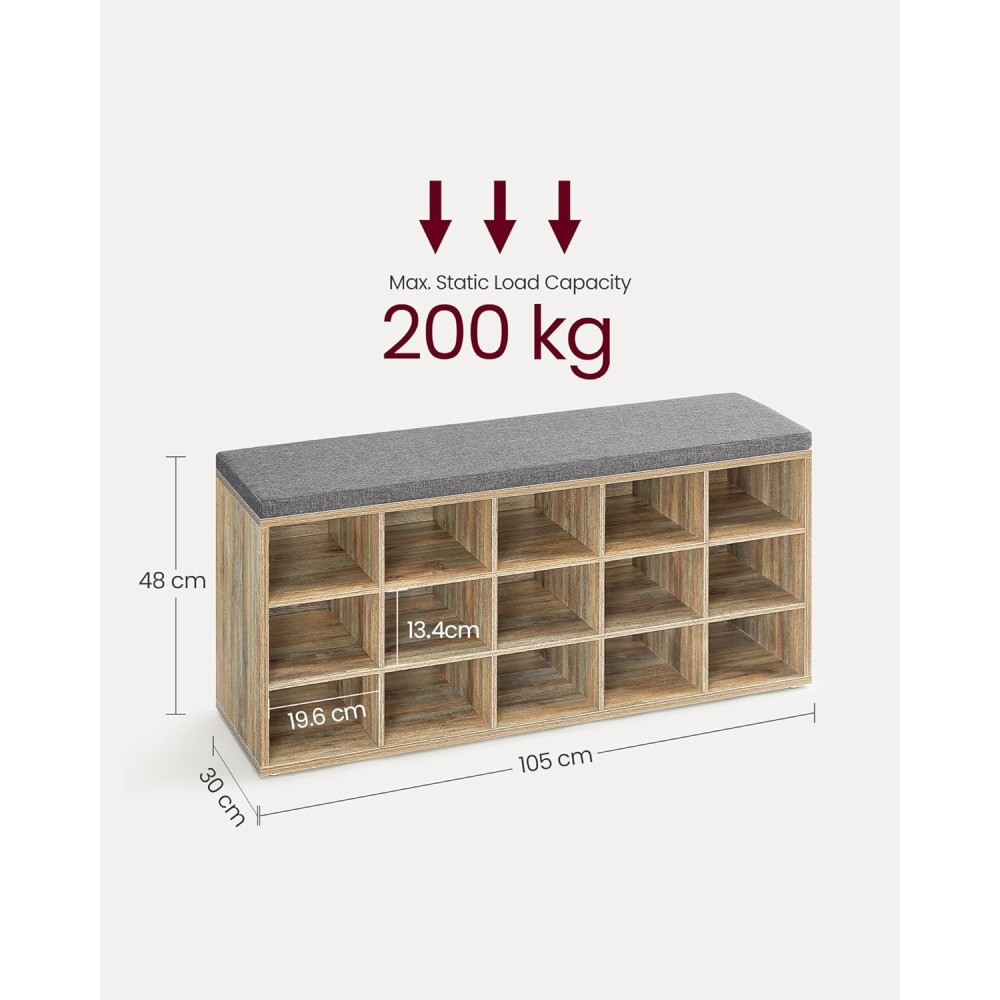 Produktbild för Vasagle Shoe Rack, Shoe Bench With Seat, Shoe Cabinet With Cushion, 15 Open Storage Compartments, 30 X , For Hallway Bedroom Living Room Entryway, Oak With Blue Grains And Grey Lhs015t60 Milky Coffee Color 105x30x48cm