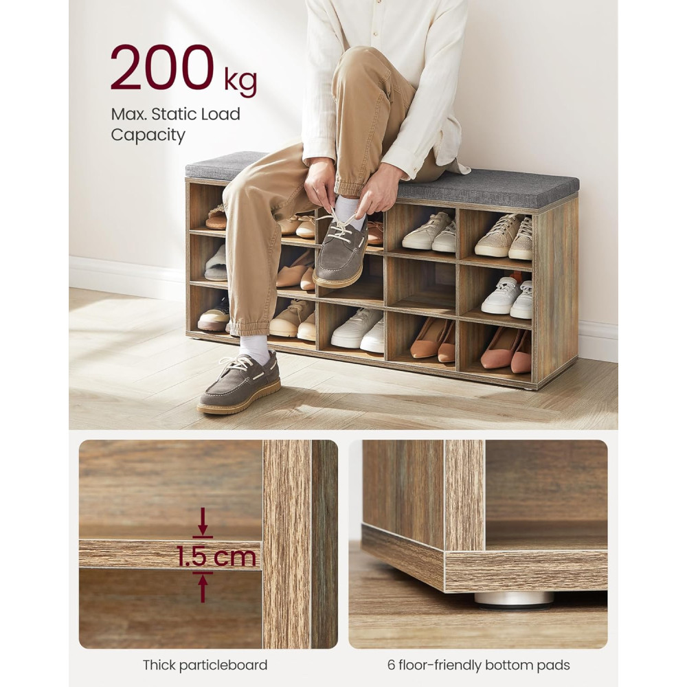 Produktbild för Vasagle Shoe Rack, Shoe Bench With Seat, Shoe Cabinet With Cushion, 15 Open Storage Compartments, 30 X , For Hallway Bedroom Living Room Entryway, Oak With Blue Grains And Grey Lhs015t60 Milky Coffee Color 105x30x48cm