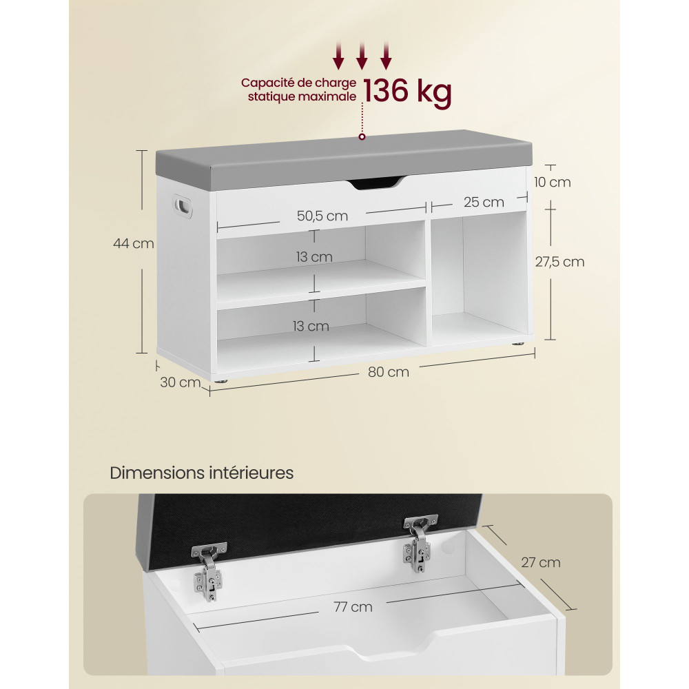Produktbild för Padded Shoe Bench With 3 Compartments, Load 150 Kg, Cloud White And Dove Grey 80x30x44cm