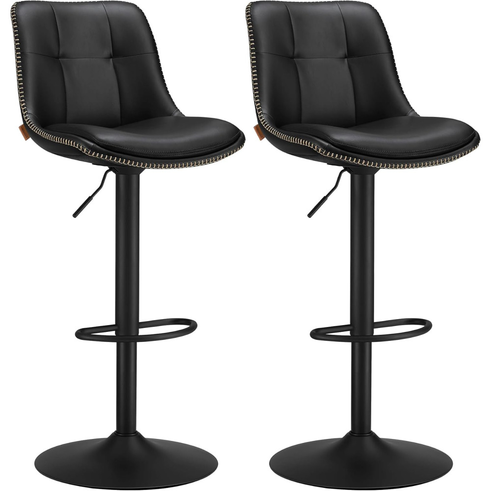 Produktbild för Vasagle Ljb095b01 Bar Stools Set Of 2 Bar Chairs Height Adjustable Swivel Kitchen Stools Quilted Pu Cover With Backrest And Footrest Dining Counter Steel Ink Black 43x48x93-114cm
