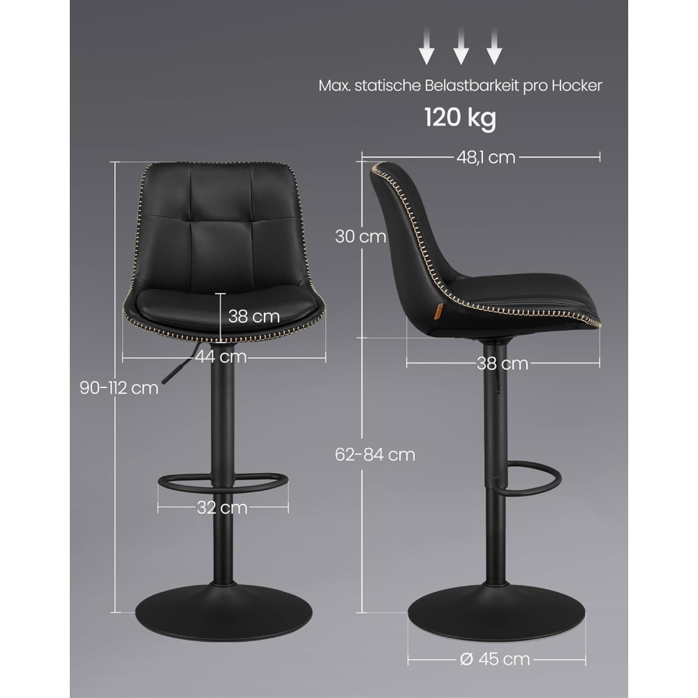 Produktbild för Vasagle Ljb095b01 Bar Stools Set Of 2 Bar Chairs Height Adjustable Swivel Kitchen Stools Quilted Pu Cover With Backrest And Footrest Dining Counter Steel Ink Black 43x48x93-114cm