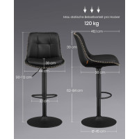 Produktbild för Vasagle Ljb095b01 Bar Stools Set Of 2 Bar Chairs Height Adjustable Swivel Kitchen Stools Quilted Pu Cover With Backrest And Footrest Dining Counter Steel Ink Black 43x48x93-114cm