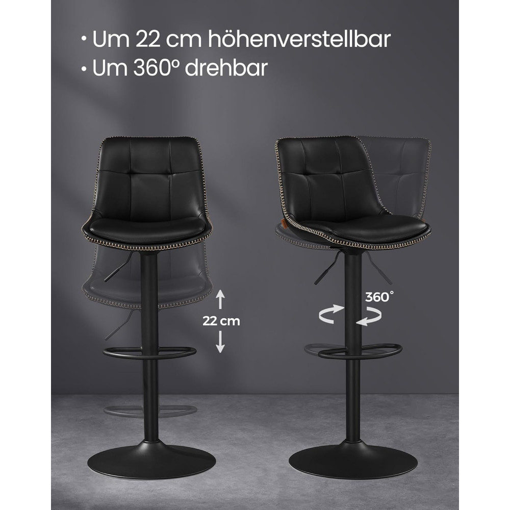 Produktbild för Vasagle Ljb095b01 Bar Stools Set Of 2 Bar Chairs Height Adjustable Swivel Kitchen Stools Quilted Pu Cover With Backrest And Footrest Dining Counter Steel Ink Black 43x48x93-114cm