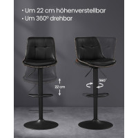 Produktbild för Vasagle Ljb095b01 Bar Stools Set Of 2 Bar Chairs Height Adjustable Swivel Kitchen Stools Quilted Pu Cover With Backrest And Footrest Dining Counter Steel Ink Black 43x48x93-114cm
