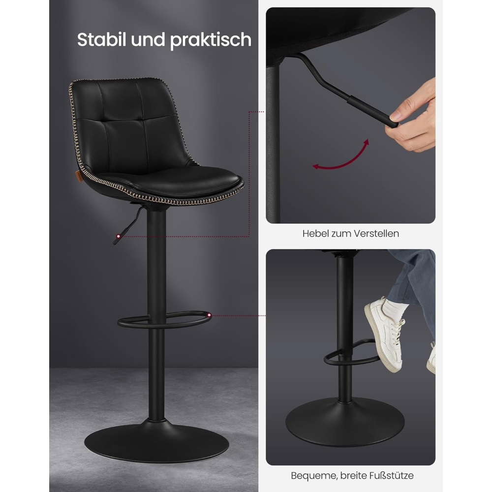 Produktbild för Vasagle Ljb095b01 Bar Stools Set Of 2 Bar Chairs Height Adjustable Swivel Kitchen Stools Quilted Pu Cover With Backrest And Footrest Dining Counter Steel Ink Black 43x48x93-114cm