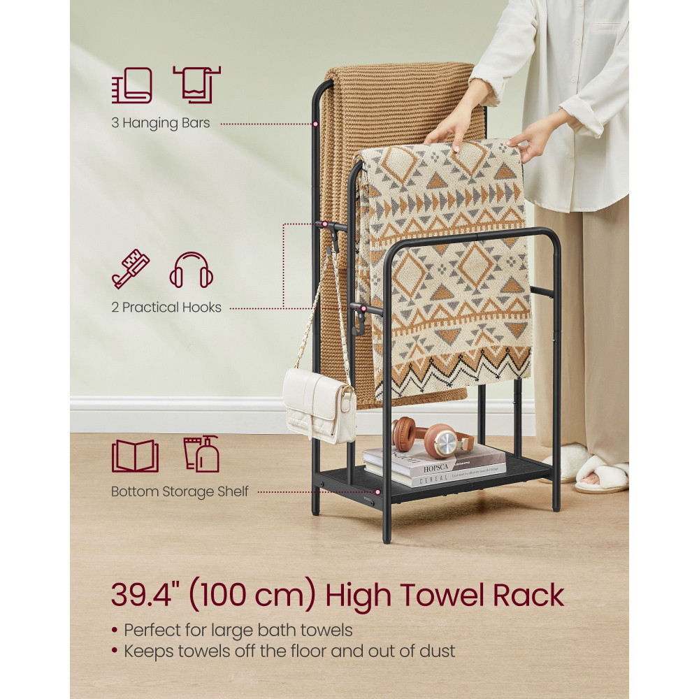 Produktbild för 3-bar Towel Holder With 2 Hooks Black 50x30x100cm