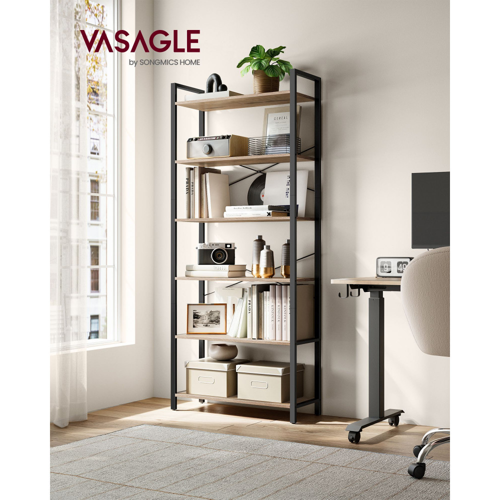 Produktbild för 6-tier Freestanding Tall Bookshelf Camel Brown And Ink Black Milky Coffee Color 80x30x184cm