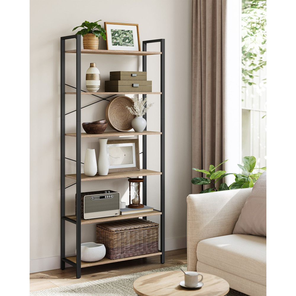 Produktbild för 6-tier Freestanding Tall Bookshelf Camel Brown And Ink Black Milky Coffee Color 80x30x184cm