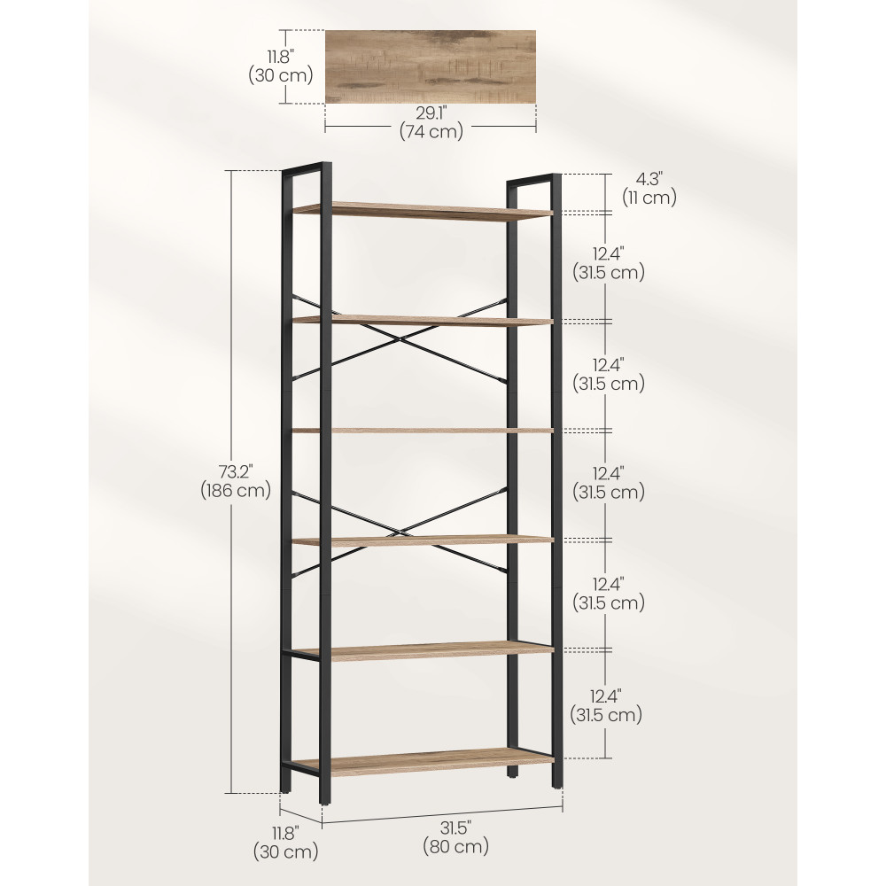 Produktbild för 6-tier Freestanding Tall Bookshelf Camel Brown And Ink Black Milky Coffee Color 80x30x184cm