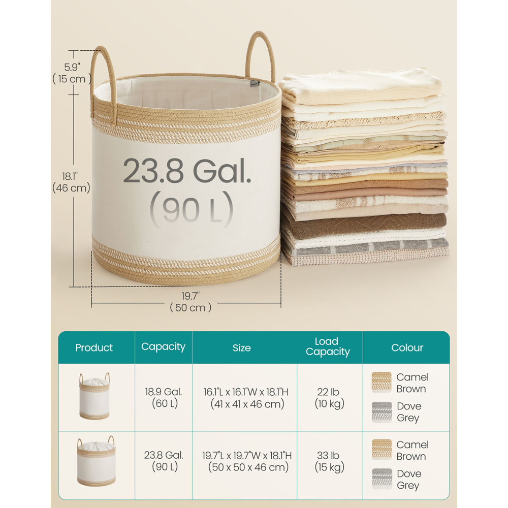Produktbild för Laundry Hamper 90 L With Lid Handles Drawstring Camel Brown Milky Coffee Color 50x50x46cm