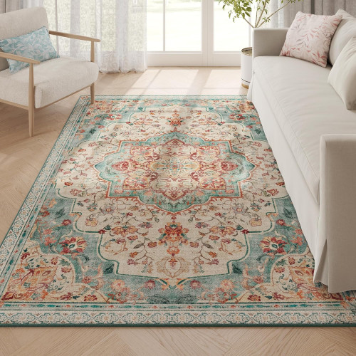 SONGMICS HOME Tar036q01 Vintage Area Rug 5×7 Teal Blue 213x152x0cm