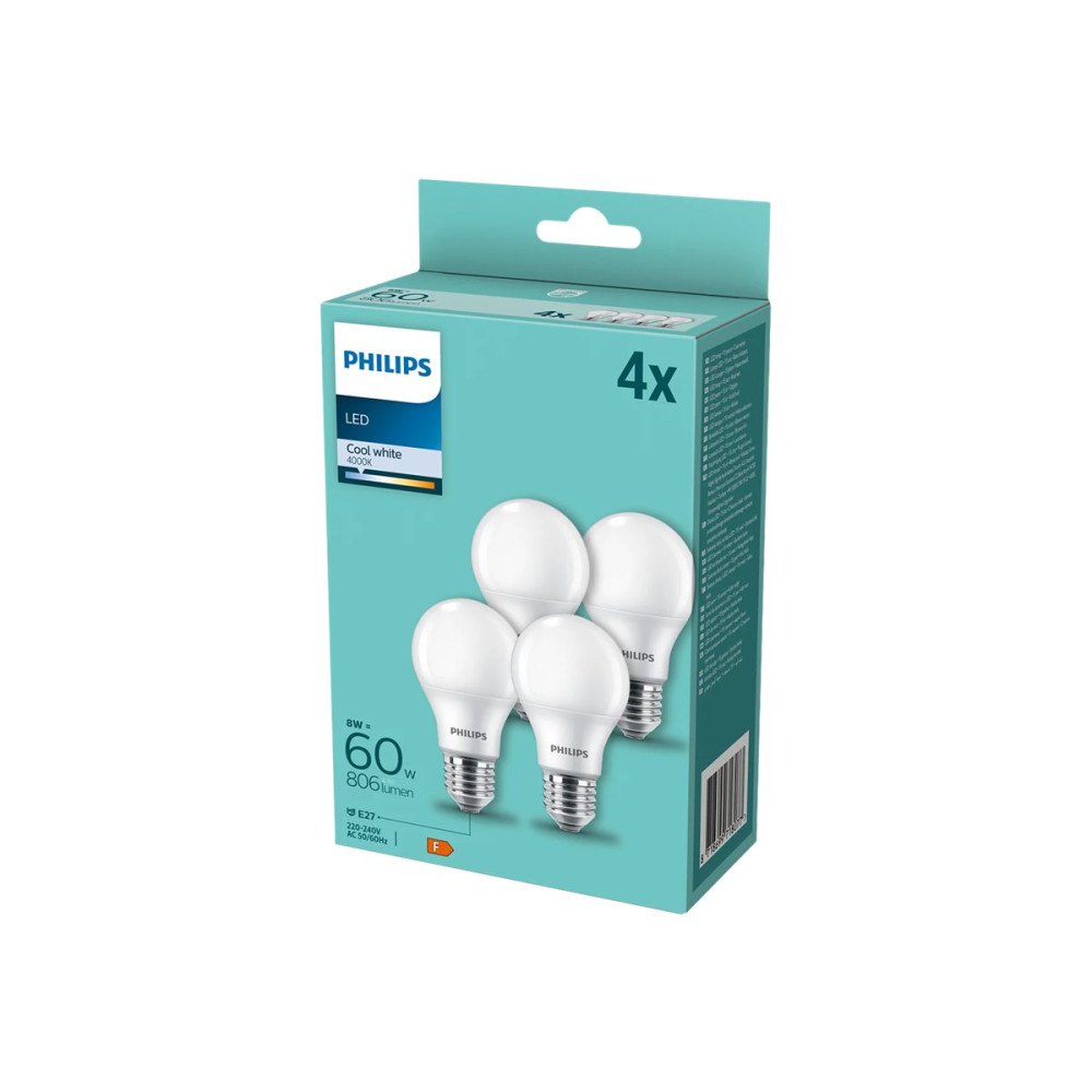 Produktbild för Philips - LED-glödlampa - form: A60 - glaserad finish - E27 - 8 W - svalt vitt ljus - 4000 K (paket om 4)