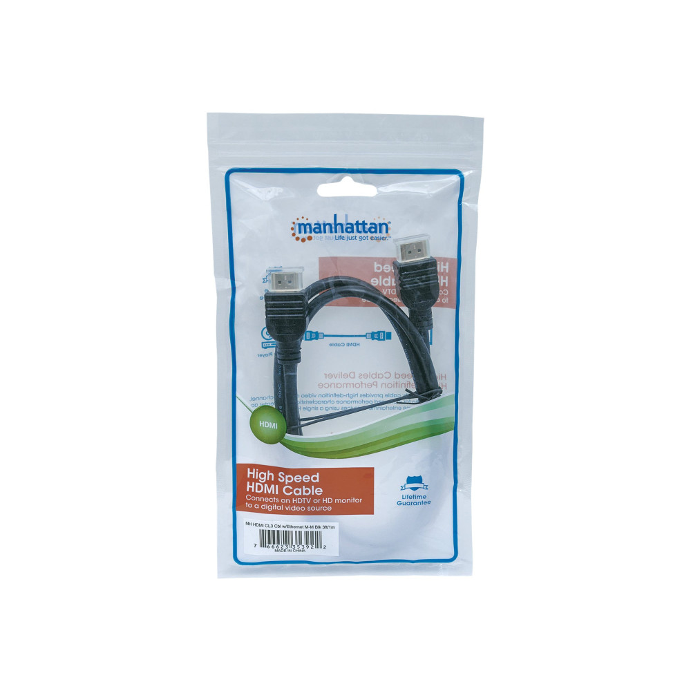 Produktbild för Manhattan HDMI Cable with Ethernet (CL3 rated, suitable for In-Wall use), 4K@60Hz (Premium High Speed), 1m, Male to Male, Black, Ultra HD 4k x 2k, In-Wall rated, Fully Shielded, Gold Plated Contacts, Lifetime Warranty, Polybag - HDMI-kabel med Ethernet - 
