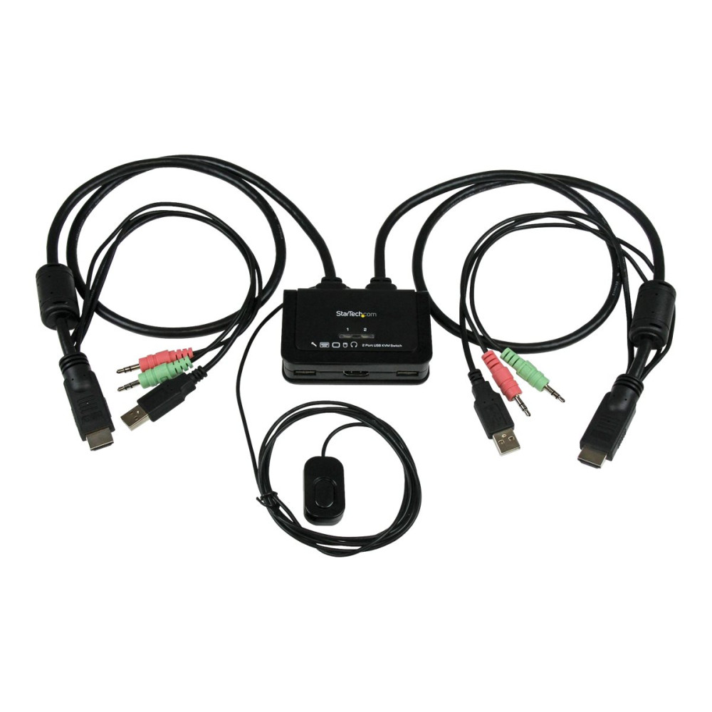 Produktbild för StarTech.com 2 Port USB HDMI Cable KVM Switch with Audio and Remote Switch - USB Powered KVM with HDMI - Dual Port HDMI KVM Switch (SV211HDUA) - omkopplare för tangentbord/video/mus/ljud - 2 portar