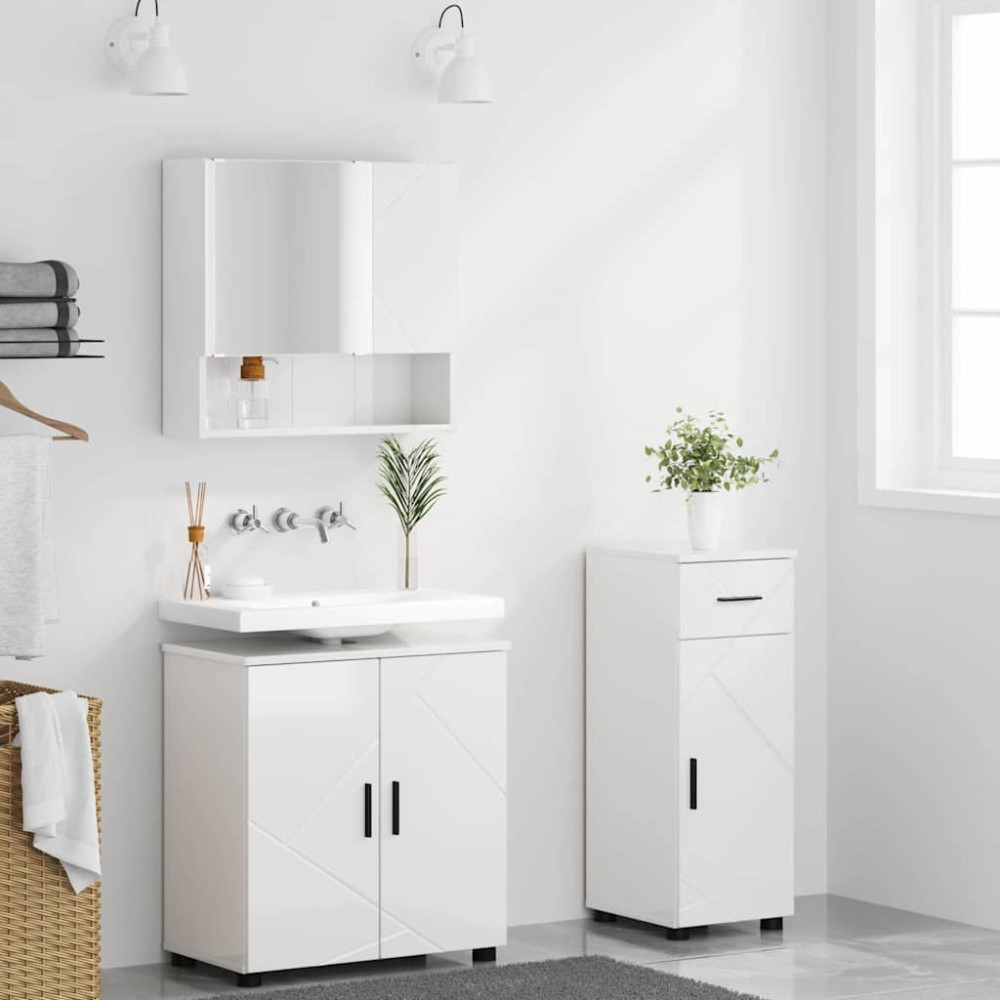 Produktbild för Badrumsmöbelset 3 pcs Högblanka vita Konstruerat trä & Metall