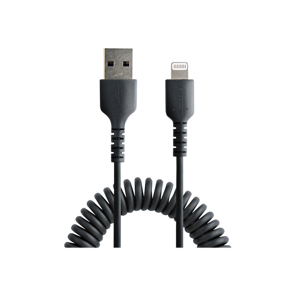 Produktbild för StarTech.com 1 m USB till Lightning-kabel, MFi-certifierad, iPhone-spiralladdarkabel, svart, TPE-mantel med slitstark aramidfiber, kraftig Lightning-spiralkabel - Lightning-kabel - Lightning / USB - 1 m