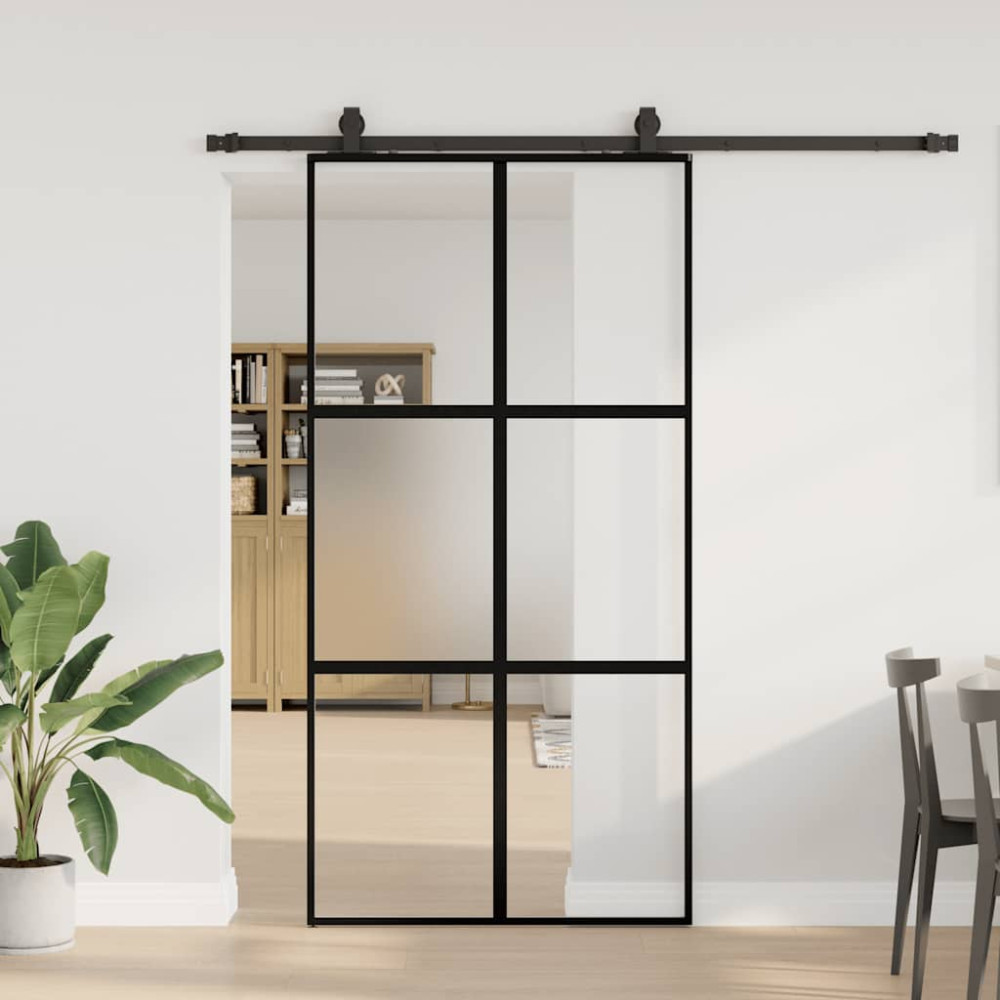 Produktbild för Skjutdörr med beslag svart 102,5x205 cm härdat glas