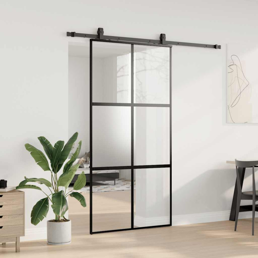 Produktbild för Skjutdörr med beslag svart 102,5x205 cm härdat glas