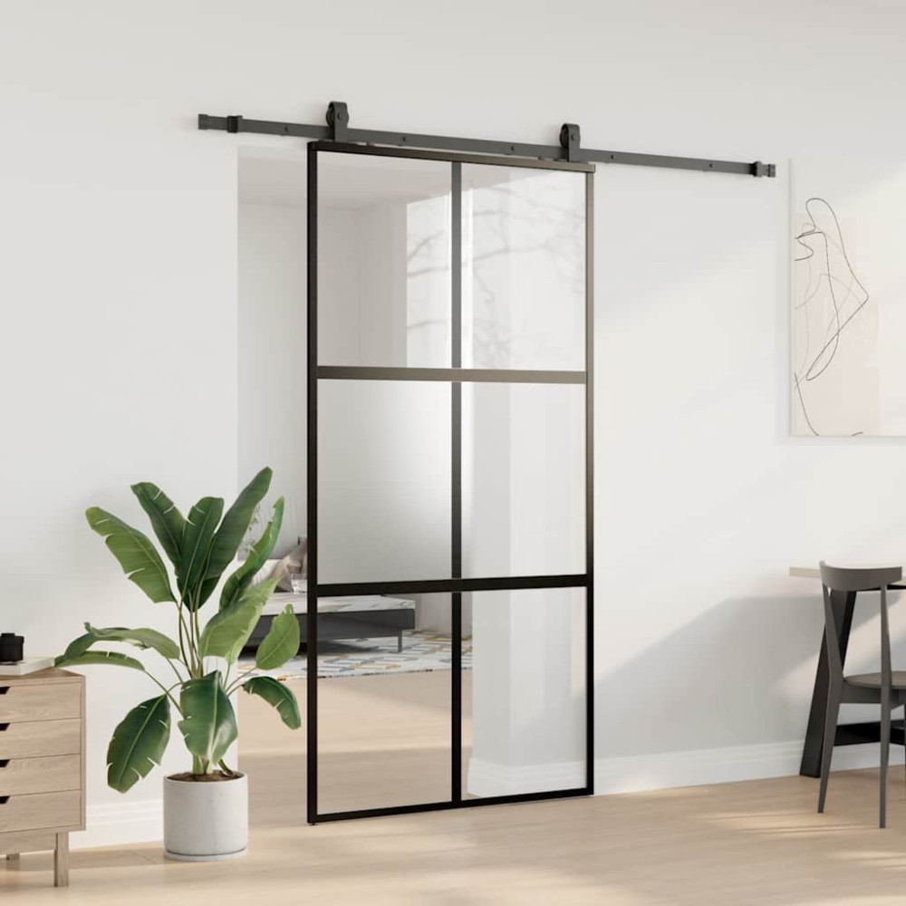 Produktbild för Skjutdörr med beslag svart 102,5x205 cm härdat glas
