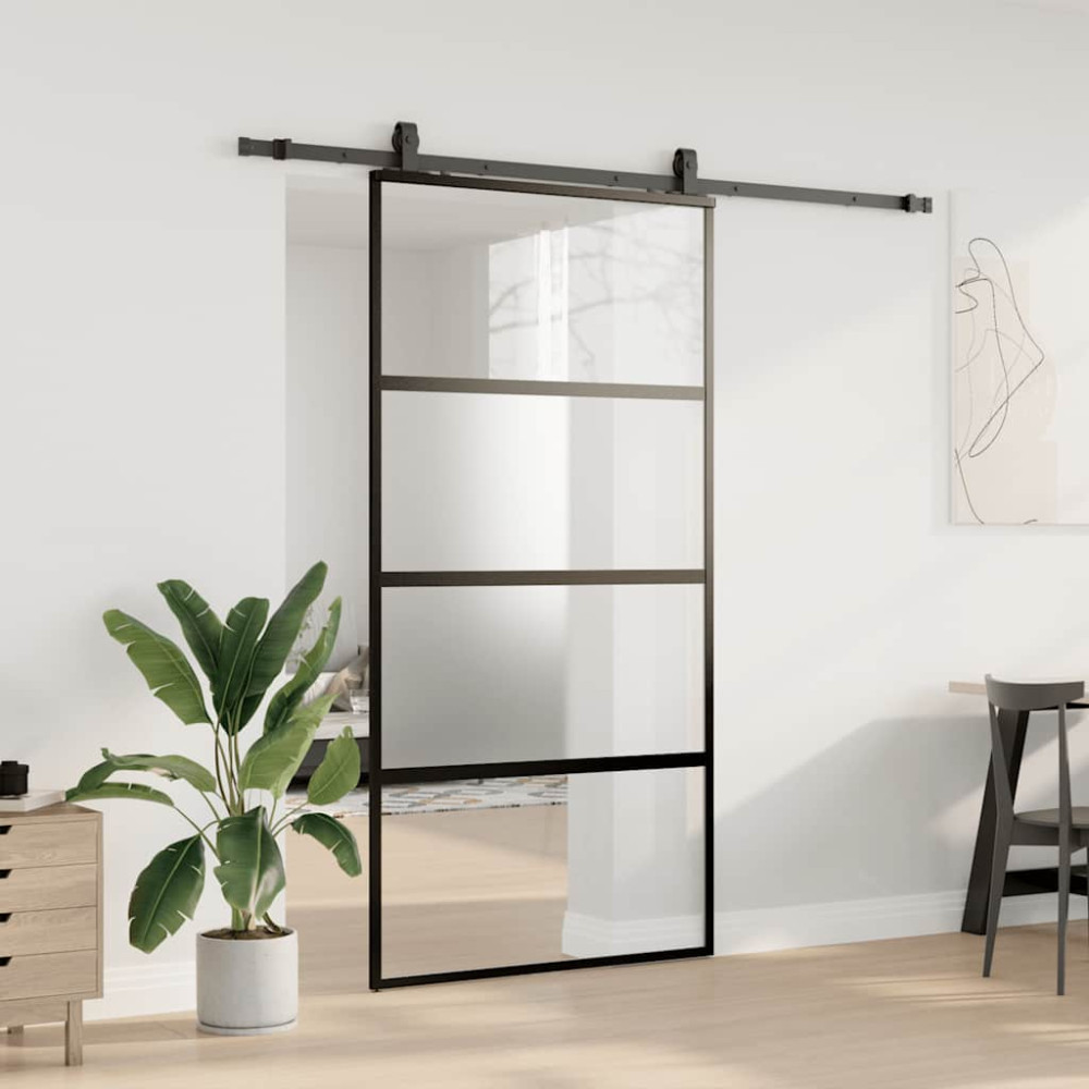 Produktbild för Skjutdörr med beslag svart 102,5x205 cm härdat glas