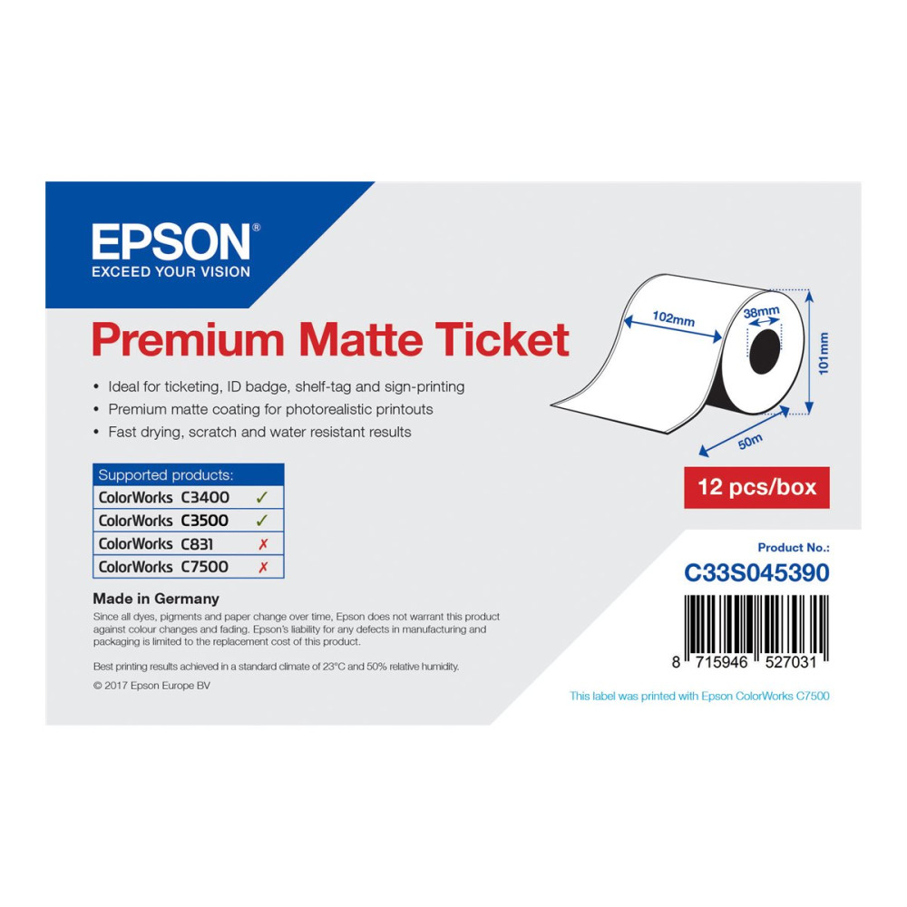 Produktbild för Epson Premium - biljetter - matt - 1 rulle (rullar) - Rulle (10,2 cm x 50 m)