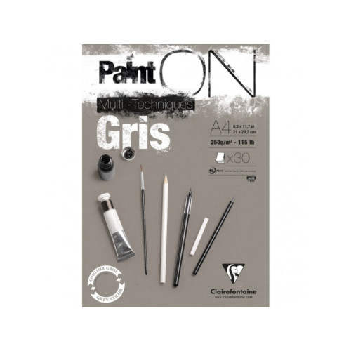 Clairefontaine Paint-On Blok A4 250gram 30 ark gråt papir, multi teknik, to...