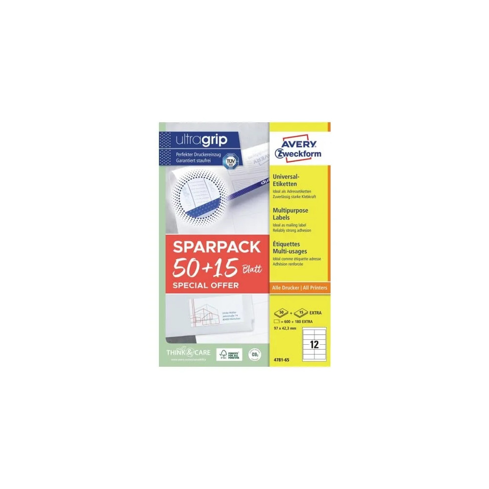 Produktbild för Universaletiketter Avery 97x42,3 mm, hvid med Ultragrip + 30...