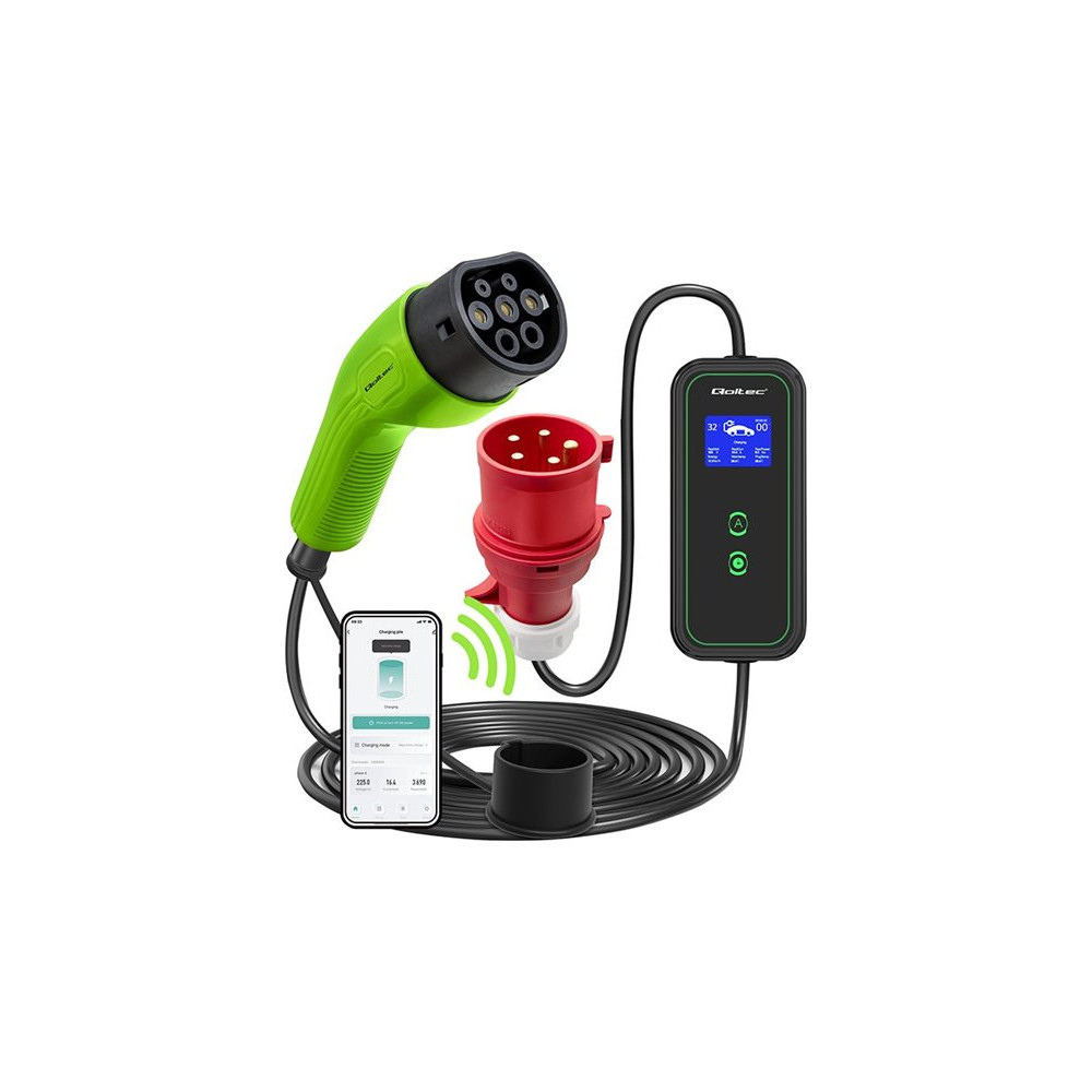 Produktbild för Qoltec EV-laddningsstation - justerbar, 2-i-1, 230V, CEE 3-pin - IEC 62196 Type 2 - 7 kW