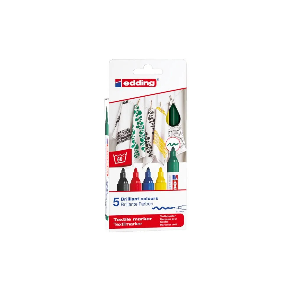 Produktbild för Edding textilpennor 5 st. Basic Colors 2-3 mm linje