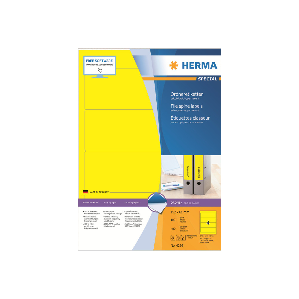 Produktbild för HERMA Special - ogenomskinliga pärmetiketter - matt - 400 etikett (er) - 192 x 61 mm