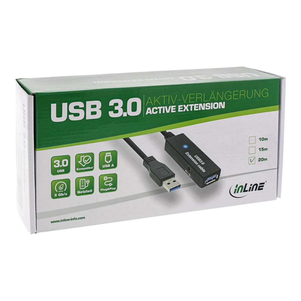 Produktbild för InLine - USB-förlängningskabel - USB typ A till USB typ A - 20 m