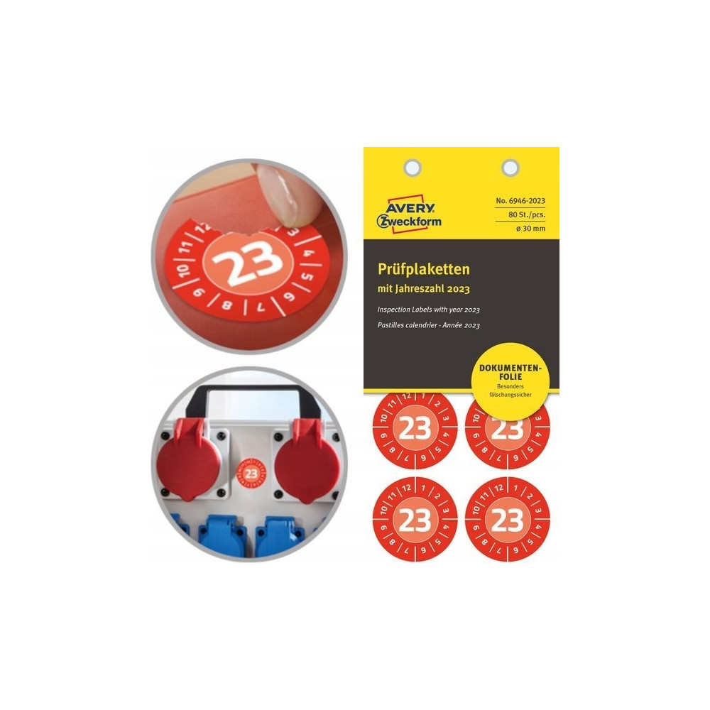 Produktbild för Avery 6946-2023, Röd, Rund, Permanent, Vitt på rött, Vinyl,...