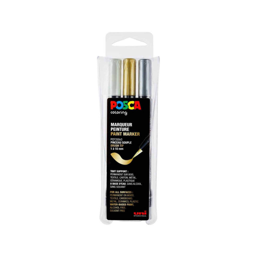 Produktbild för POSCA penselmarkeringsset PCF-350, tre färger: guld, silver...