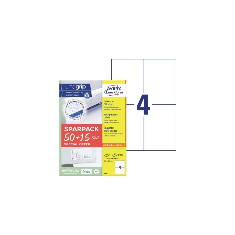 Produktbild för Universaletiketter Avery 105x148 mm, hvid med Ultragrip +30%...