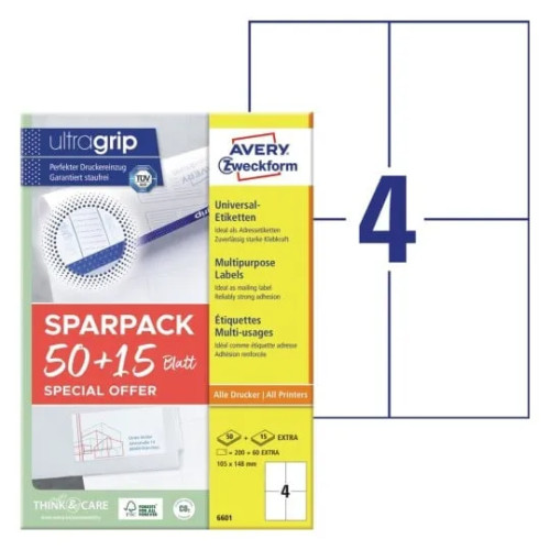 AVERY Universaletiketter Avery 105x148 mm, hvid med Ultragrip +30%...