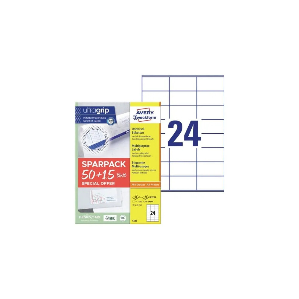 Produktbild för Universaletiketter Avery 70x36 mm, hvid med Ultragrip + 30%...