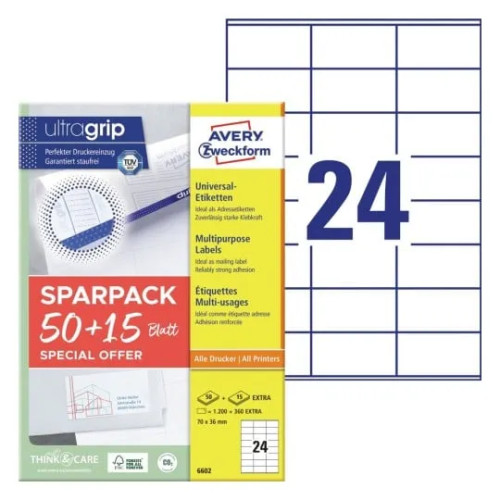 AVERY Universaletiketter Avery 70x36 mm, hvid med Ultragrip + 30%...