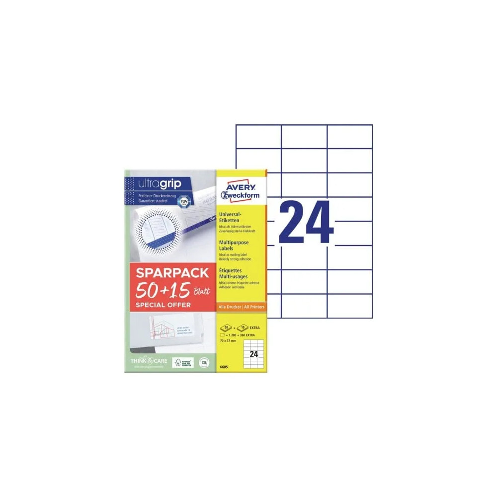 Produktbild för Universaletiketter Avery 70x37 mm, hvid med Ultragrip + 30%...