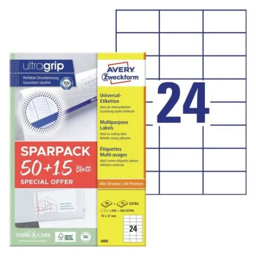 AVERY Universaletiketter Avery 70x37 mm, hvid med Ultragrip + 30%...