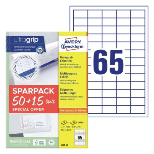 AVERY Universaletiketter Avery 38x21,2 mm, hvid med Ultragrip + 30...