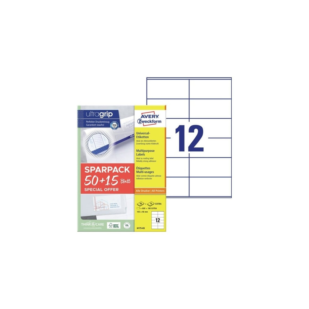Produktbild för Universaletiketter Avery 105x48 mm, hvid med Ultragrip + 30%...