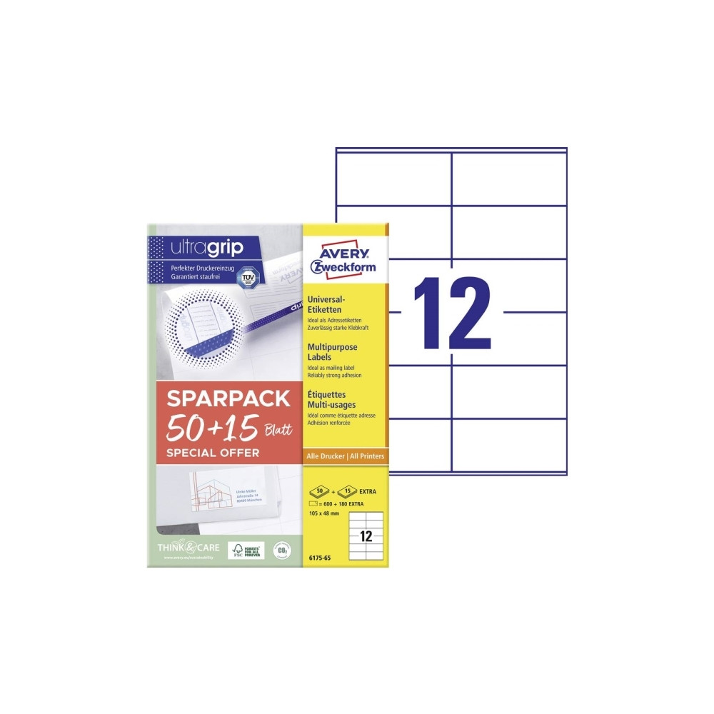 Produktbild för Universaletiketter Avery 105x48 mm, hvid med Ultragrip + 30%...