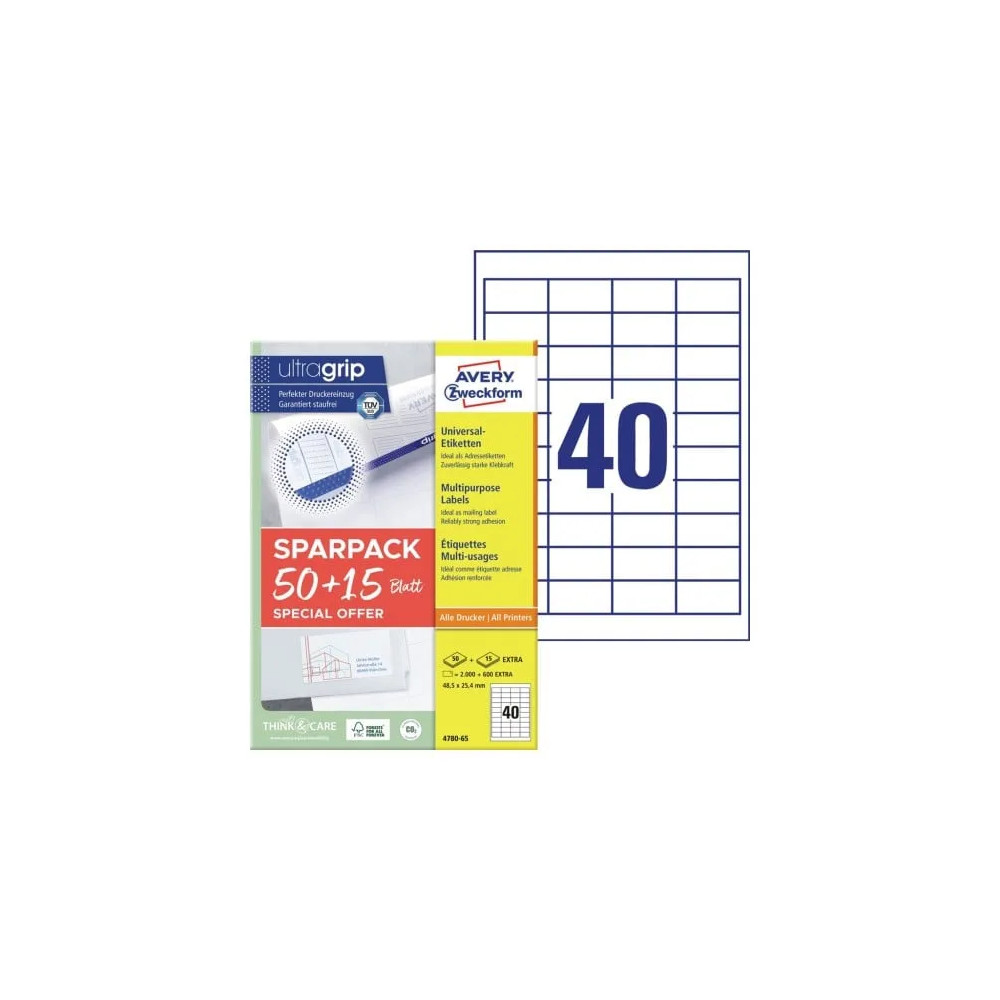 Produktbild för Universaletiketter Avery 48,5x25,4 mm, hvid med Ultragrip +...