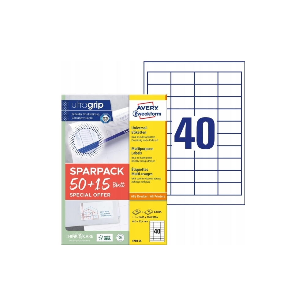 Produktbild för Universaletiketter Avery 48,5x25,4 mm, hvid med Ultragrip +...