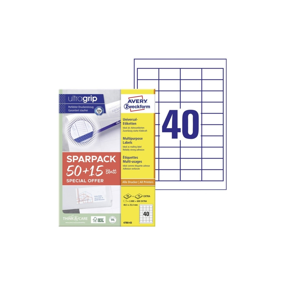 Produktbild för Universaletiketter Avery 48,5x25,4 mm, hvid med Ultragrip +...
