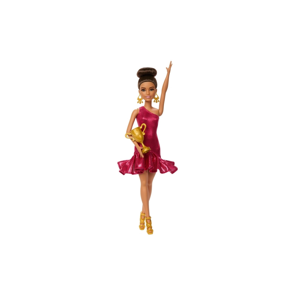 Produktbild för Barbie -tävlingsdansardocka med brunt uppsatt hår och danstr...