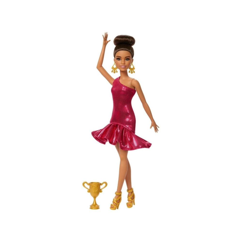 Produktbild för Barbie -tävlingsdansardocka med brunt uppsatt hår och danstr...