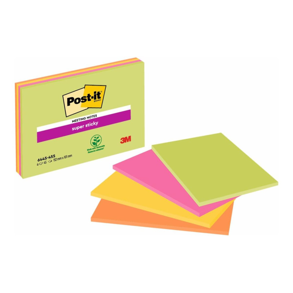 Produktbild för Post-it Super Sticky 6445-4SS - mötesanteckning - 101 x 152 mm - 180 ark (4 x 45)